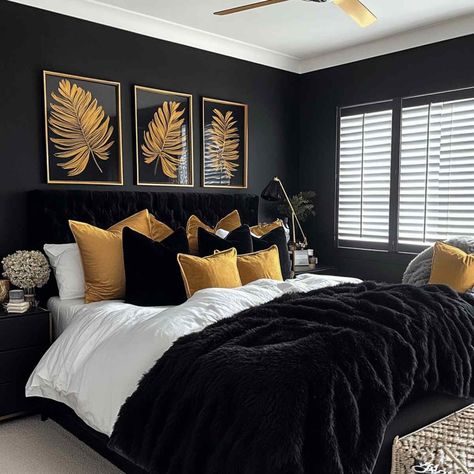 20 Inspiring Black Bedroom Ideas for a Sophisticated Look Bedroom Ideas Animal Print, African Bedroom Decor Ideas, Black White And Gold Room Ideas, Cozy Black And White Bedroom, Black Wall Bedroom Decor, Black And White Bedroom Decor Ideas, White And Gold Room Ideas, Black And White Bedroom Ideas Cozy, Black Gold And White Bedroom