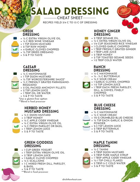 Free Salad Dressing Cheat Sheet with 8 Must-Have Recipes Sugar Free Dressing Recipes, Sugar Free Salad Dressing Recipes, Healthy Homemade Salad Dressing Recipes, Healthy Dressing Recipes, Homemade Salad Dressing Recipes, Homemade Salad Dressing Healthy, Easy Salad Dressing Recipes, Paleo Salad, Healthy Dressing