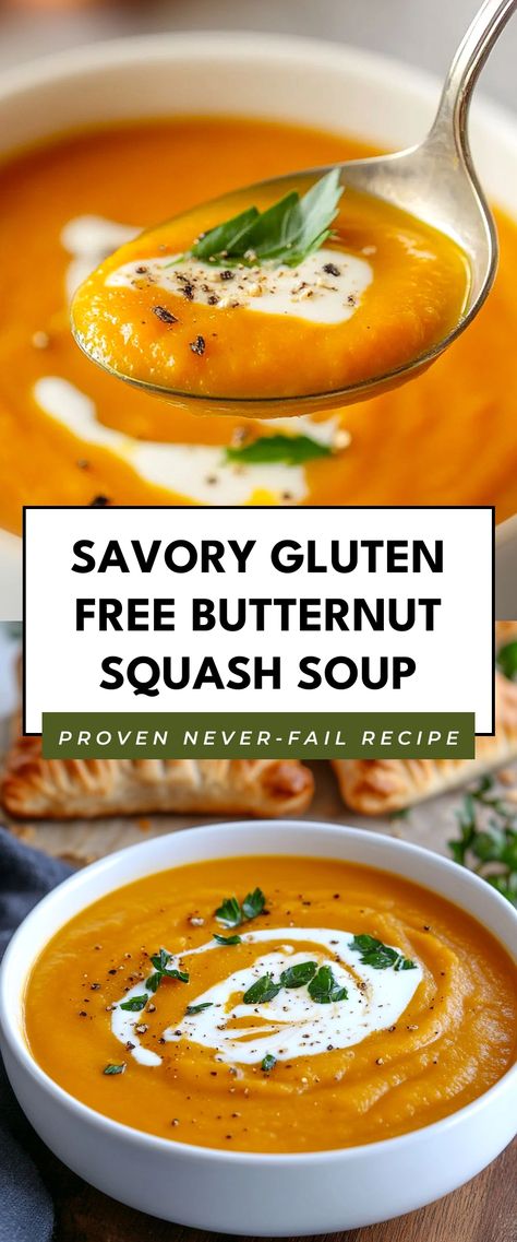 Image for Savory Gluten Free Butternut Squash Soup Soups And Stews Healthy Gluten Free, Gluten Free Dairy Free Butternut Squash Soup, Gluten Free Turkey Soup, Gluten Free Squash Recipes, Dairy Free Soup Recipes, Gluten Free Soup Recipes, Dairy Free Soup Recipe, Savory Gluten Free, Gluten Free Soups