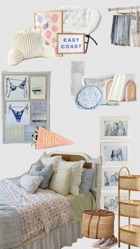 Dorm Room Ideas Coastal Grandma, Small College Room Ideas, Coastal Grandma Dorm Room, Coastal College Bedroom, Dorm Room Shuffles, Coastal Chic Dorm Room, College House Room, College Apartment Room Decor, Cute College Dorms