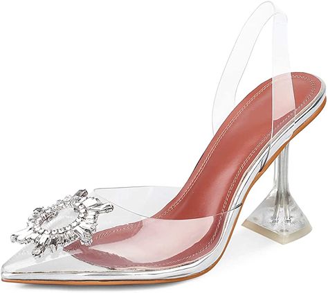 Amazon.com | Women's Clear High Heel Sandals Transparent PVC Stilettos Pointed Toe Crystal Dress Pumps | Heeled Sandals Transparent Shoes Heels, Tacos Transparentes, Clear Closed Toe Heels With 4-inch Heel, Elegant Clear 4-inch Heels, Transparent Heels Sandals, Transparent High Heels, Sandals For Wedding, Farewell Saree, Elegant 4-inch Clear Heels