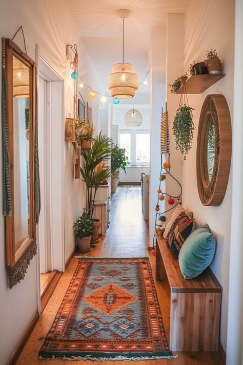 Dark Narrow Entryway Ideas, Entrance Aesthetic, Long Narrow Hallway Decorating, Long Narrow Hallway Ideas, Narrow Hallway Decorating Ideas, Long Narrow Hallway, Boho Hallway, Narrow Hallway Ideas, Entrance Way