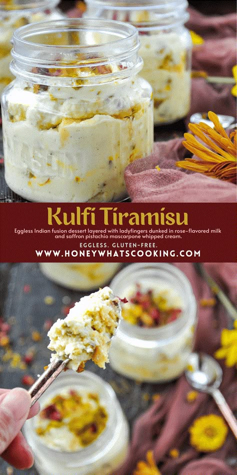 Indian fusion dessert layered with ladyfingers dunked in rose-flavored milk and saffron pistachio mascarpone whipped cream. Unique Tiramisu Recipe, Dessert After Dinner, Diwali Food Recipes, Indian Tiramisu, Savory Cake Recipes, Kulfi Tiramisu, Tiramisu Eggless, Easy Eggless Desserts, Eggless Dessert Recipes