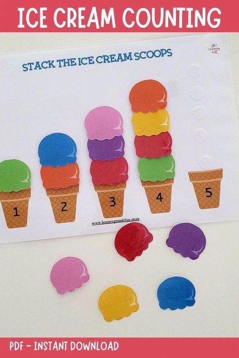 #CheapHealthyFoodRecipes Ice Cream Counting Preschool, Ice Cream Counting Activity, Preschool Age 3 Activities, Fun Number Learning Activities, Counting Learning Activities, Food Counting Activities, Book Activity Preschool, Count Activities Preschool, Summer Cognitive Activities For Toddlers