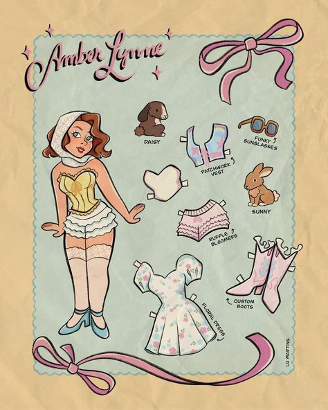 custom paper doll illustration i did for the lovely @amberlynnecreativeco a while ago 🎀🐇 her style is amazing, i love how it turned out! #paperdoll #illustration #vintage #commission Sabrina Carpenter Paper Doll, Paper Dolls Printable Free, Paper Doll Outfits, Custom Paper Dolls, Doll Illustration, Paper Doll Fashion, Drawing Tut, Antique Art Prints, Funky Sunglasses