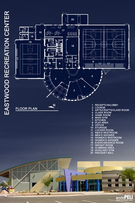 Eastwood Recreation Center by archiPELI Art Center Floor Plan, Rec Center Floor Plan, Recreational Center Architecture, Recreation Center Floor Plan, Community Centre Floor Plan, Rec Center Design, Recreation Area Design, Recreation Center Design, Sports Center Design