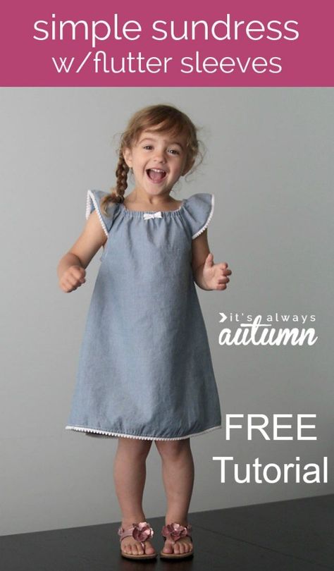 Free Girls dress sewing pattern. Free sewing pattern for a girls dress to download in size 4T, and a step by step sewing tutorial for how to make a simple pattern in any other size. Loose girls dress with flutter sleeves, a-line dress sewing pattern. No buttons or zippers, just a simple pattern for a pull over dress with elastic. Toddler dress sewing pattern. #SewingForGirls #FreeGirlsSewingTutorial #QuickSewingPattern #EasySewingPattern #EasyDressPattern #CuteDressPattern #SimpleDressPattern #F Flutter Sleeve Dress Pattern, Easy Girls Dress, Dress Pattern Free, Girls Dress Pattern Free, Dress Sew, Toddler Dress Patterns, Sundress Pattern, Simple Dress Pattern, Trendy Sewing Patterns