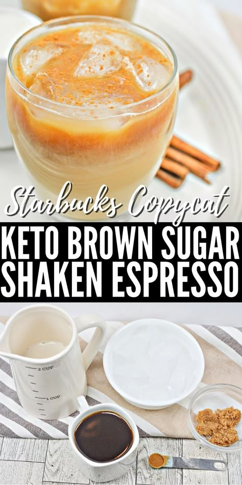 Keto Brown Sugar Shaken Espresso - Make a keto brown sugar shaken espresso that tastes just like the popular oatmilk drink from Starbucks (but only has 1g net carb!). #keto #ketodiet #Ketorecipes #ketobrownsugarshakenespresso #shakenespresso #starbuckscopycat #ketostarbucks #espresso #ketodrinks #food #recipes Keto Starbucks Drinks At Home, Low Carb Espresso Drinks, Healthy Expresso Recipes, Keto Shaken Espresso Starbucks, Keto Nespresso Vertuo Recipes, Sugar Free Brown Sugar Syrup, Keto Brown Sugar Shaken Espresso, Keto Coffee At Home, Keto Espresso Drinks