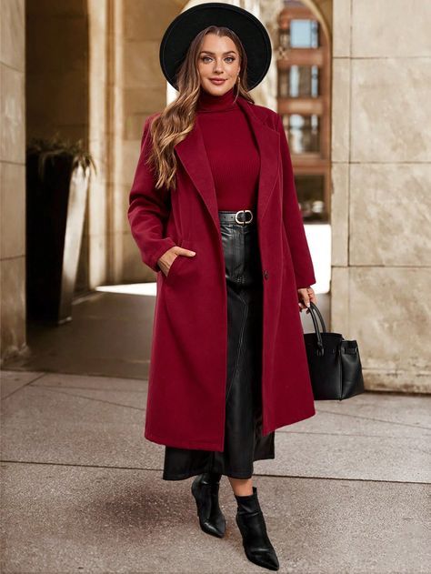 Winter Wear Women, Trendy Christmas Outfits, Wine Red Color, Grey Colour Suit, Fleece Tights, Long Sleeves Coats, Knitted Coat, Wool Blend Coat, Color Rojo