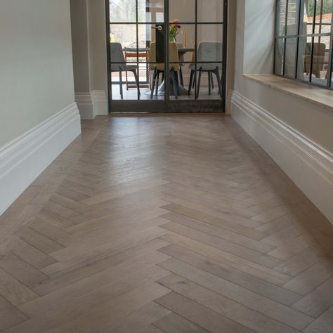 Dominica Oak Herringbone with 2 line border. Engineered hardwood flooring with hard wearing lacquer finish Black Wood Floors, Wood Floor Design, Grey Wood Floors, Herringbone Wood Floor, Herringbone Wood, Hallway Flooring, Herringbone Floor, Dark Wood Floors, Engineered Hardwood Flooring