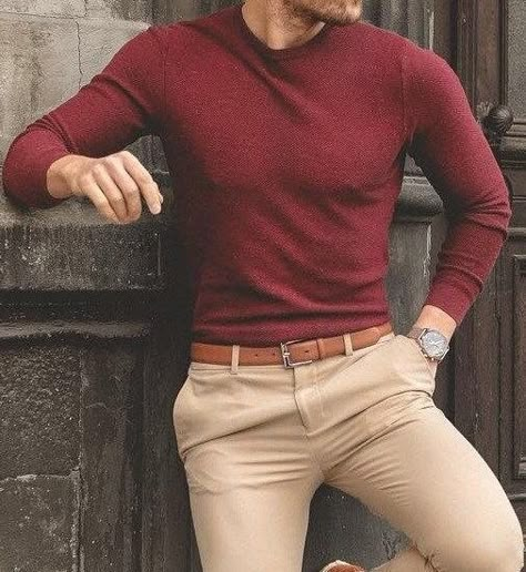 Maroon Long Sleeve Shirt Outfits Men, Men’s Brown Shirt Outfit, Red And Beige Outfit Men, Red Long Sleeve Shirt Outfit Men, Red And Brown Outfit Men, Tan And Red Outfits, Men’s Red Outfit, Men’s Valentines Outfit, Jewel Tone Outfits Men