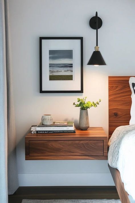 "Create a minimalist and stylish look with floating nightstands! 🛏️✨ Perfect for adding storage without sacrificing floor space. 🌟✨ #ModernBedroom #FloatingDesign #NightstandIdeas" Floating Nightstands Bedroom, Floating Nightstands, Adding Storage, Bedroom Night Stands, Night Stand, Floor Space, Interior Design Bedroom, Floating Nightstand, Modern Bedroom