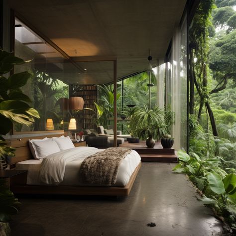 Tropical Minimalist Bedroom, Biophilic Bedroom, Jungle Villa, Sleeping Room Design, Wabi Sabi Living Room, Hotel Room Design Plan, Villa Bedroom, Tropical Bedroom, Bedroom With Balcony