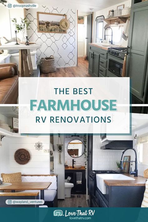 56 Farmhouse Style RV Renovations Camper Farmhouse Remodel, Painted Rv Interior, Gray And White Camper Interior, Grey Rv Interior Color Schemes, Remodel Rv Interior Rv Makeover, Farmhouse Camper Makeover, Camper Colors Interiors, Rv Farmhouse Makeover, Travel Trailer Color Schemes