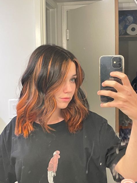 Brown And Orange Ombre Hair, Under Hair Dye Orange, Black Hair Color Styles Short, Black With Orange Hair, Orange In Brown Hair, Ginger Hair With Black Streak, Brown Hair Ginger Underneath, Orange Balayage Hair Dark Brown, Auburn Hair With Black Underneath