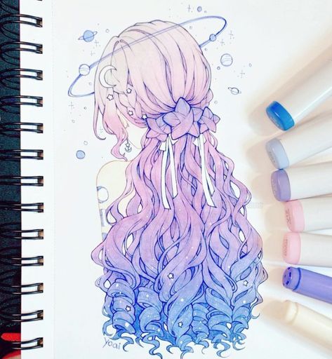 Mermaid Art Drawing Sketches, Fantasy Hair Drawing, Oc Hair Ideas Drawing, Mermaid Vtuber, Hairstyle Art Reference, Hair Inspo Drawing, Cool Marker Drawings, Magic Character Design, Hairstyle Drawings