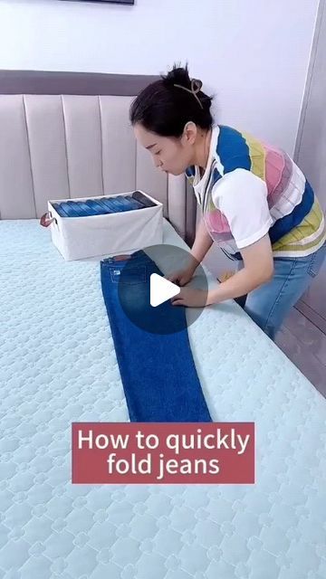 How To Folding on Instagram: "How to fold jeans🥰🥰#storagehacks #jeansfolding #howtofold #fyp #cleantok" Folding Clothes To Save Space Jeans, How To Fold Pants For Travel, How To Fold Shorts, Folding Pants, Fold Pants, How To Fold Jeans, Jean Organization, How To Fold Pants, T Shirt Folding