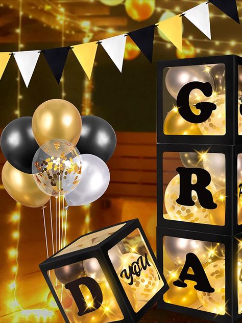 Graduation Party Colors, Balloon Boxes, Graduation Box, Graduation Table Decorations, Grad Banner, Black And Gold Balloons, Graduation Tables, Party Streamers, Grad Party Decorations