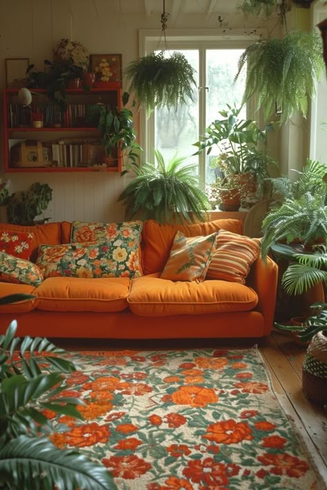 Minimalist Studio Apartment, 70s Interior Design, Apartment Simple, Minimalist Studio, Green Apartment, 70s Interior, Living Room Orange, Living Room Color Schemes, Colourful Living Room