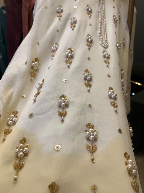 Pearl And Gold Embroidery, Dress Beads Design, Pearl Embroidery Designs Indian, Gold Bead Embroidery, Sippi Work Embroidery Suits, Zardozi Embroidery Designs Work Blouse, Embroidery Suits Design 2024, Hand Beaded Embroidery Dress, Desi Embroidery