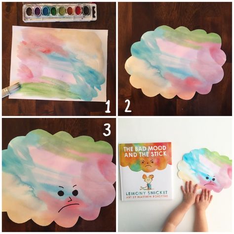 DIY "Bad Mood Clouds" Inspired by "The Bad Mood and The Stick" · Book Nerd Mommy All About Feelings Preschool, The Bad Mood And The Stick Activities, My Feelings Crafts For Toddlers, Emotions Bulletin Board Ideas Preschool, Emotions Crafts For Infants, Feelings Unit Preschool, Emotion Art For Toddlers, Emotions Art Activities, Feelings And Emotions Preschool Crafts