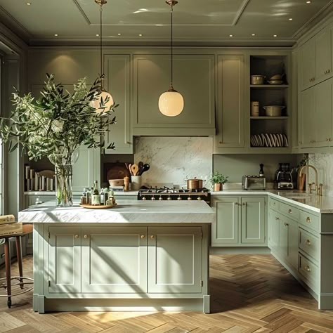 24 Beautiful Sage Green Kitchens You'll Want to Replicate • 333+ Art Images Green Kitchen White Marble, Green Kitchen Aesthetic Modern, Sage Green Kitchen Quartz Worktop, Kitchen Ideas With Color, Pale Sage Kitchen, Kitchen Interior Sage Green, Pale Green Kitchen Ideas, Small Sage Kitchen, Cute Cozy Kitchen