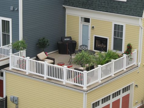 terrace over garage | Deck Over Garage | Duradek vinyl membranes keep the space be ... #deckframing Flat Roof Deck, Deck Over Garage, Outdoor Vinyl Flooring, Home Roof Design, Garage Deck, Roof Top Deck, Roof Balcony, Garage Roof, Building A Porch