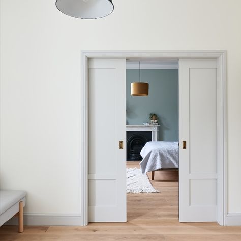 The pocket doors move in unison for ease of use, dividing the bedroom from the large master ensuite and walk in dressing room. Walk In Dressing Room, Pocket French Doors, French Pocket Doors, Double Pocket Door, Double Pocket Doors, Bedroom Divider, French Doors Bedroom, Door Dividers, Veneer Door