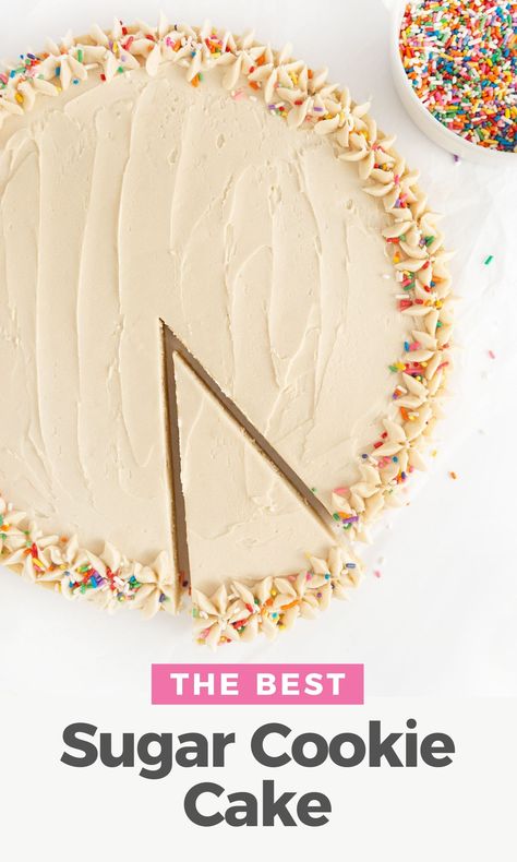 The BEST soft, thick, moist sugar cookie cake frosted with vanilla buttercream and topped sprinkles! Perfect for birthdays! Sugar Cookie Cake Recipe, Design Eat Repeat, Sugar Cookie Cake, Giant Cookie Cake, Best Sugar Cookie, Cookie Cake Designs, Sugar Cookie Cakes, Cookie Cake Birthday, Chocolate Chip Cookie Cake