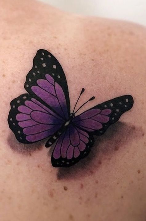 Purple Monarch Butterfly Tattoo, Purple Butterfly Tattoo Memorial, Purple Butterfly Tattoos, 3 D Butterfly Tattoo, Small Purple Butterfly Tattoo, 3d Butterfly Tattoo Designs, Butterfly Tattoo Purple, Purple Tattoo Ideas, Butterflies Tattoo Designs