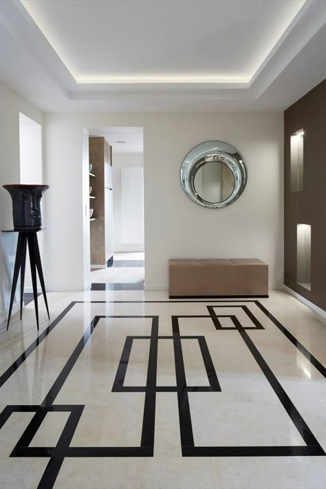 Modern tile floor interior design Tiles Design For Hall, Modern Floor Tiles, White Flooring, Black And White Floor, Best Bathroom Flooring, Floor Tiles Design, Marble Flooring Design, Foyer Flooring, Floor Pattern