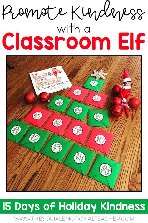 Promote kindness with your students this holiday season by using an Elf on the Shelf in the classroom to host a holiday kindness challenge! Classroom Elf Welcome, Elf On The Shelf Idea Classroom, Elf On The Self Classroom, 15 Days Of Kindness Christmas Classroom, Grinch Elf On The Shelf Ideas Classroom, Introducing Elf On The Shelf Classroom, Elf On The Shelf Classroom Notes, Classroom Kindness Elf, Elf Lesson Plans Preschool