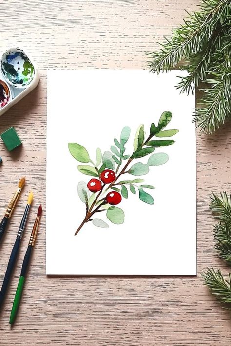 29 Winter Watercolor Painting Ideas for Beginners and Advanced Artists Winter Berries Watercolor, Cute Christmas Watercolor Paintings, Watercolor Painting Cards, Watercolor Christmas Art Simple, Watercolor Christmas Flowers, Holiday Watercolor Ideas, Watercolor Christmas Tutorial, Christmas Water Coloring Ideas, Simple Watercolour Christmas Cards