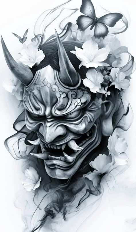 Oni Mask Tattoo Back, Japanese Tattoo Designs Oni Mask, Oni Samurai Tattoo, Omi Mask Tattoo, Samurai Mask Tattoo Design, Japanese Hannya Mask Tattoo Design, Japanese Mask Tattoo Design, Japanese Oni Art, Japan Mask Tattoo