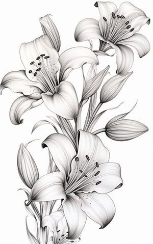 Saint Joseph = white Lillies Lily Forearm Tattoo Women, Tattoo Japanese Flower, Lilly Tattoo Stencil, Lilly And Rose Tattoo, Lilies Tattoo Design, Lily Tattoo Stencil, White Lily Tattoo, Lily Drawings, Lilly Flower Drawing