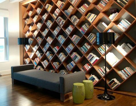 Criss-Cross Shelving Unusual Bookcase, Home Library Design Ideas, Unique Bookshelves, Creative Bookshelves, Bookcase Design, Home Library Design, Bookshelf Design, Wall Bookshelves, Design Library