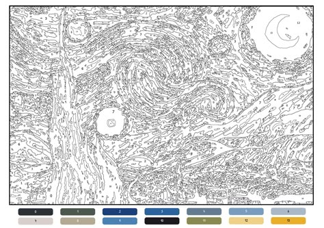 Printable Paint By Numbers Van Gogh Starry Night Activity Adult Starry Night Paint By Number, Print By Numbers Printable, Paint By Number Art, Color By Number Difficult, Printable Paint By Number For Adults, Number Painting Printable, Painting By Numbers For Adults, Paint By Numbers For Adults, Printable Drawings To Paint