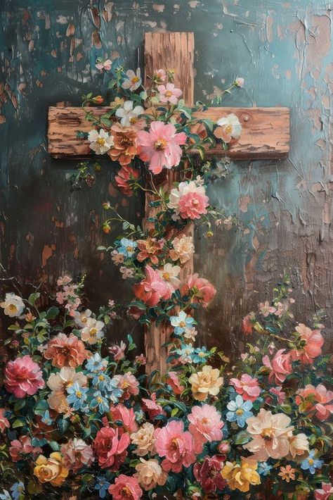 A wooden Christ cross adorned with flowers painting symbol art. | premium image by rawpixel.com / Fluke Cross Nature Wallpaper, Cross Composition Art, Cross Art Aesthetic, Cross With Flowers Painting, Three Crosses Painting, Cross Painting Ideas On Canvas, Cute Cross Wallpapers, Cross Aesthetic Christian, Cross Painting Ideas