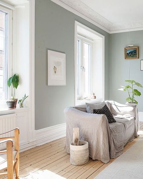 Soft aqua green walls in a pretty, light-filled apartment in Linnéstaden — a neighborhood in the central part of Gothenburg, sweden. built in 1885, it’s been given a modern facelift — they’ve added modern furnishings and lighting fixtures, and painted it a calming shade of pale green that looks really fresh with all that light streaming in. but they’ve kept all those turn of the century details intact — wide double doors, the high ceilings and gorgeous crown moldings. #lightblue #paintcolors #fa Borrowed Light, Home Lounge, Color Home, Trendy Living Rooms, Trendy Bedroom, Living Room Green, Blue Living Room, Livingroom Layout, Living Room Colors