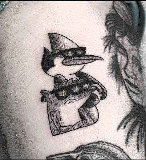 Rigby And Mordecai Tattoo, Regular Show Tattoo Ideas Simple, Mordecai And Rigby Tattoo Ideas, The Regular Show Tattoo, Regular Show Tattoo Simple, Tattoo Cartoon Characters, Tattoo Ideas Cartoon Characters, Small Cartoon Tattoo Ideas, Regular Show Tattoo Ideas