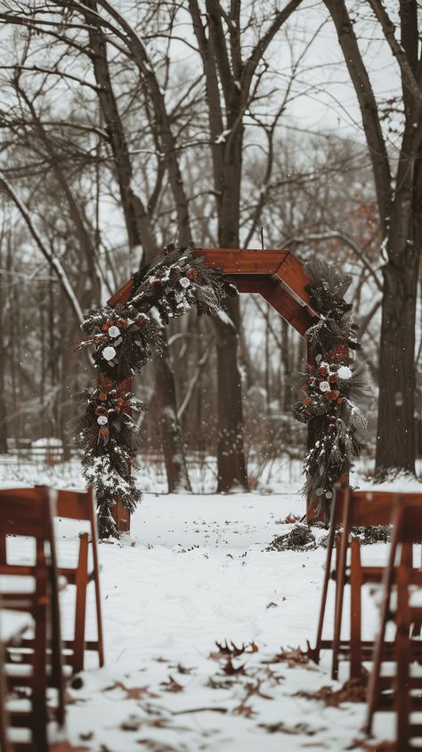 30 Winter Wedding Arch Ideas For Your Special Day Winter Wedding Minimalist, Winter Wedding Outside Ceremony, Winter Ceremony Arch, Wedding Arch Ideas Winter, Winter Wedding Arbor, Winter Wedding Backdrop Ideas, Woodsy Winter Wedding, Winter Wedding Arch Ideas, Winter Wedding Ceremony Arch