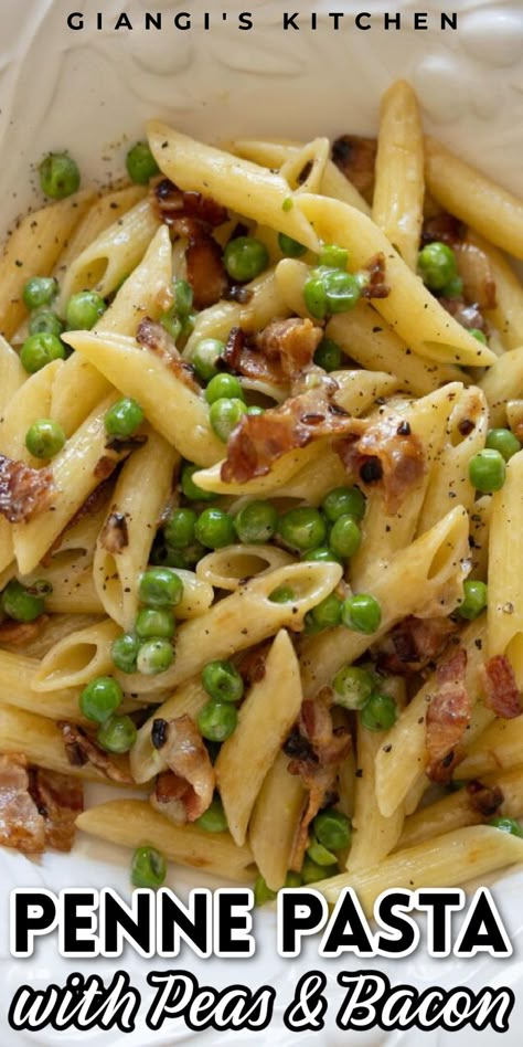 Penne pasta, peas and bacon. Talking about comfort food, pasta is way up there in the list of food that not only is easy to prepare, but everyone enjoys and craves it.This quick, it takes as long as it takes to cook the pasta to have it all ready, it is a savory combination of the sweet peas with crisp onions and bacon. The heavy cream binds it all together blending the flavors well. This is the best pasta dish and comfort food out there. Pasta With Peas And Bacon, Peas And Bacon, Pasta Peas, Pasta With Peas, Food Game, Easy Pasta Dishes, Pasta Dinners, Pasta Dinner Recipes, Salad Pasta