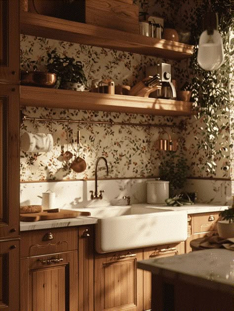 Rustic Kitchen Ideas: Farmhouse Sink and Vintage Decor Cottagecore Interior Design Kitchen, Old House Decorating Ideas, Vintage Cottage Kitchens Farmhouse Style, Kitchen Cabinet Color Ideas Vintage, Small Cottage Kitchen Inspiration, Corridor Kitchen Ideas, Cottage House Aesthetic Interior, Grandmas Kitchen Aesthetic, Traditional Farmhouse Interior Design