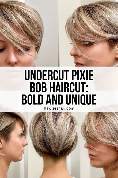 Undercut Pixie Bob Haircut Hair Shorter On One Side Bob, Undercut To Grow Out Pixie, Interesting Bob Haircuts, Layered Undercut Pixie, Womens Short Bob Haircut, Very Short Layered Bob Haircuts, Bobs With Undercut Shaved Sides, Chin Length Bob Undercut, Short Haircut For Thinning Hair Women