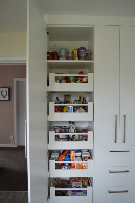 Smart and efficient pull out pantry storage system from Ritma. Photo kindly supplied by Sarah Smith, designer at Oakleigh Fine Furniture, Woolston, Christchurch
All drawers fully extend for good visibility and easy access to contents
Classic round or contemporary square side rail options (both have square front rail)
Kits include drawer sides, drawer runners, front and rear brackets, cover caps and side railings
Suits cabinet sizes up to 1200mm wide and a minimum of 1370mm high Kitchen Pantry Drawers, Pantry Pull Out Drawers, Pantry Pullout, Kitchen Carpentry, Kitchen Pullout, Minimalist Kitchen Cabinets, Cabinet Sizes, Pull Out Pantry, Pantry Drawers