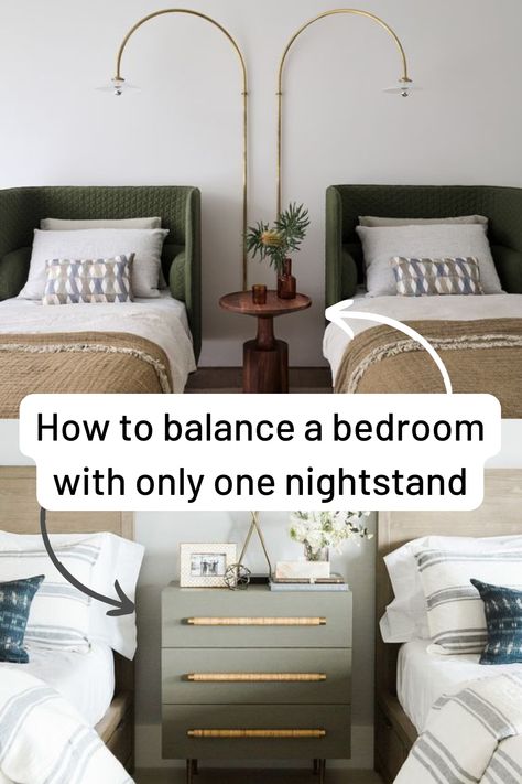 Not all bedrooms have two nightstands. Even though your taste may crave for symmetry, when you discover the potential of having asymmetrical design options (like having only one nightstand), a whole new world will open up to you. With this article, we’re happy to lead you to this new world… through four practical interior arrangement ideas: 1. Nightstand between two beds 2. Bed in the corner 3. Nightstand and dressing table 4. Counterbalance a single nightstand Click for the tips! Queen Bed With One Nightstand, 1 Nightstand Bedroom Decor, Bed With Only One Nightstand, Night Stand Between Two Beds, Nightstand On One Side Of Bed, Only One Nightstand In Bedroom, Guest Bedroom Nightstand Ideas, Mismatched Night Stands, Nightstand By Window