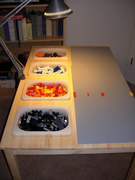 Lego Table Ideas, Lego Building Table, Diy Lego Table, Lego Storage Solutions, Lego Table With Storage, Lego Desk, Lego Table Ikea, Lego Table Diy, Lego Challenge