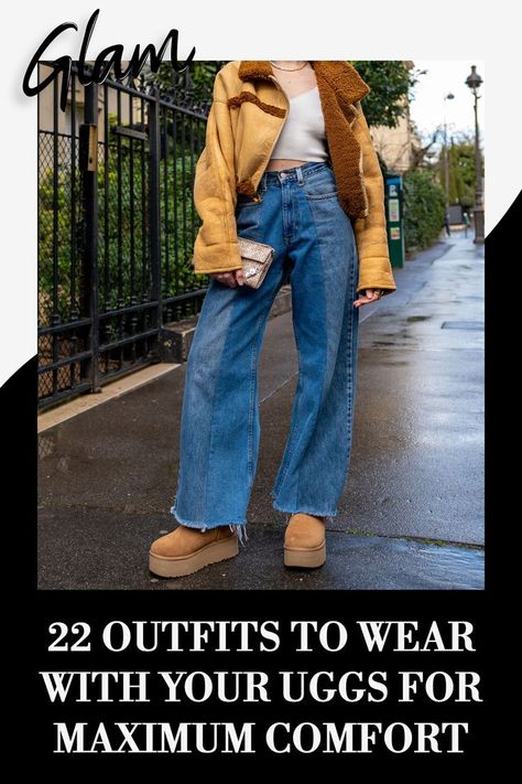 Ugh Platforms Outfits, Outfit Ideas With Platform Uggs, Ugg Women Outfit, Ugg Leather Boots For Women, Ugg Funkette Platform Outfits, How To Style Ugg Boots Winter, Ugg Platforms Outfit, Wide Leg Jeans And Uggs Outfit, Ugg Dipper Platform Outfit