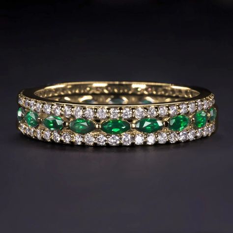 Wedding Bands & Stacking Rings Emerald And Diamond Ring Eternity Bands, Emerald Band Rings, Emerald Wedding Bands For Women, Green Emerald Wedding Band, Gold Emerald Cut Eternity Band, Green Emerald Eternity Band, Emerald And Diamond Wedding Band, Green Row, Emerald Wedding Set