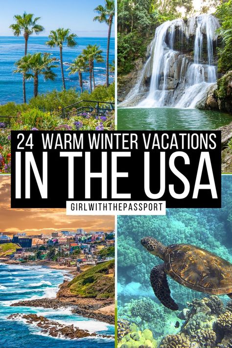 24 Warm Winter Destinations in the USA! Best December Vacations, Warm Vacation Destinations, December Travel Destinations, Best Us Vacations, Vacations In The United States, Places To Visit In December, Girls Trip Destinations, December Travel, Best Winter Vacations